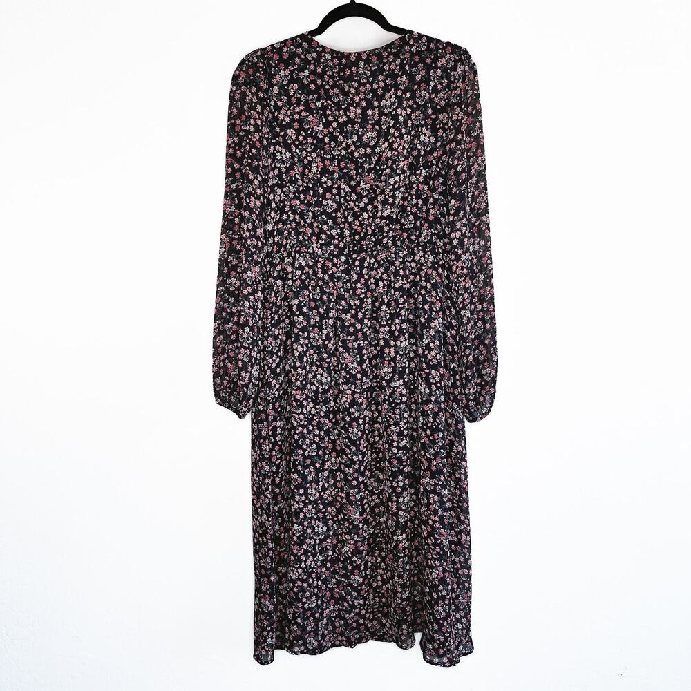 Skies Are Blue Black Floral Long Puff Sleeve Low Cut Button Front Midi Dress Lg - Picture 8 of 13